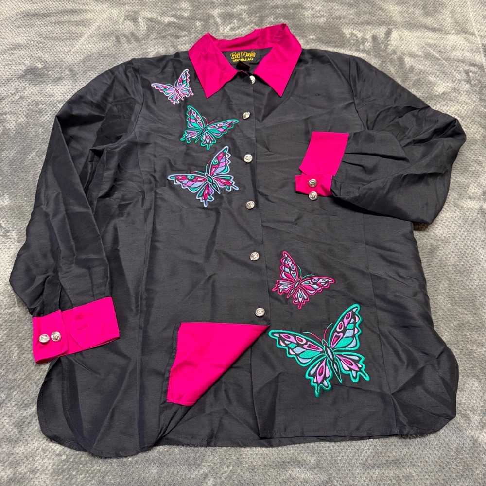Bob Mackie Wearable Art 100% Silk Butterfly Embroidered Blouse Black Pink Medium
